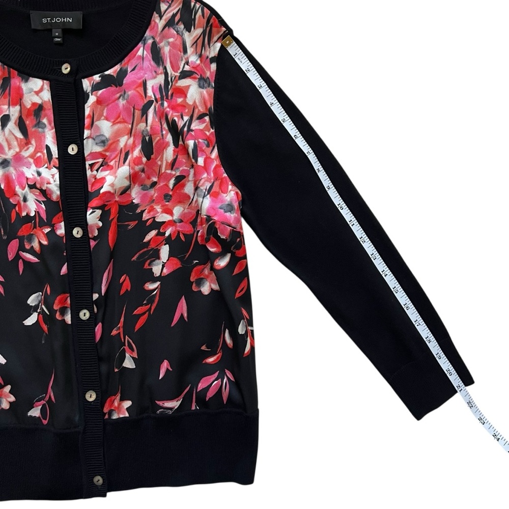 St. John Pink Cascading Floral Silk Black Sweater Cardigan Size M Office Career - Picture 12 of 12